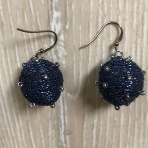 Round wool embroidered artisan made blue earrings